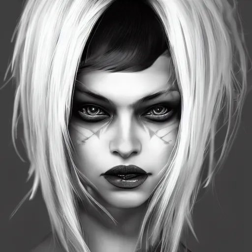 Image similar to epic professional digital art of a young woman with black and white hair looking disgusted away from the camera, Punk, best on artstation, cgsociety, wlop, Behance, pixiv, cosmic, stunning, gorgeous, much detail, much wow, masterpiece