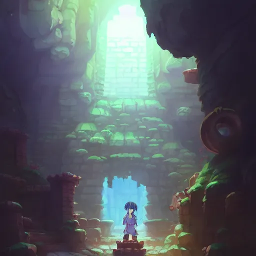 Image similar to key shot of ancient underground dungeon, studio ghibli, bloom, anime key art, gloomhaven, organic painting, hard edges, luminescent, octane render, by greg manchess, huang guangjian, gil elvgren, sachin teng, greg rutkowski, jesper ejsing, rhads, cushart krenz, anton fadeev