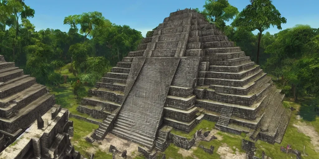 Image similar to mayan city of tikal if it was a game like grand theft auto v first person view, with realistic visuals and award winning gameplay, graffiti