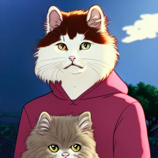 Image similar to teen boy with brown hair and big blue eyes, wearing a hoodie, fluffy white persian cat, natural lighting, path traced, highly detailed, high quality, cartoon, digital painting, by don bluth and ross tran and studio ghibli and alphonse mucha