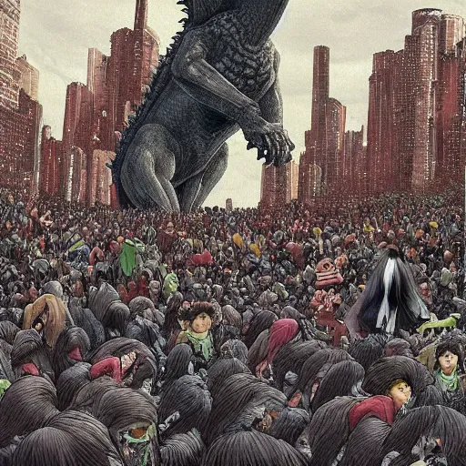 Image similar to A beautiful drawing of a large, dragon-like creature with sharp teeth, talons, and a long tail. The creature is looming over a small group of people who appear to be in distress. by Satoshi Kon, by Matthias Jung