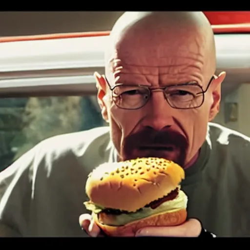 Prompt: Walter White eating burger photo