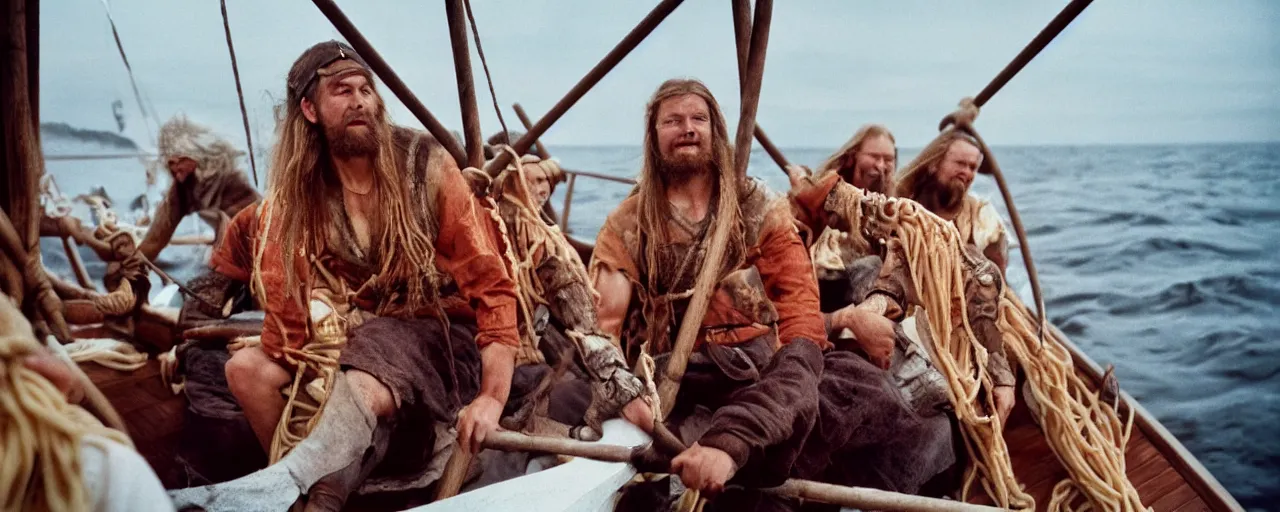 Image similar to vikings sailing on a boat filled with spaghetti, baltic sea, canon 5 0 mm, super detailed face, facial expression, cinematic lighting, photography, retro, film, kodachrome