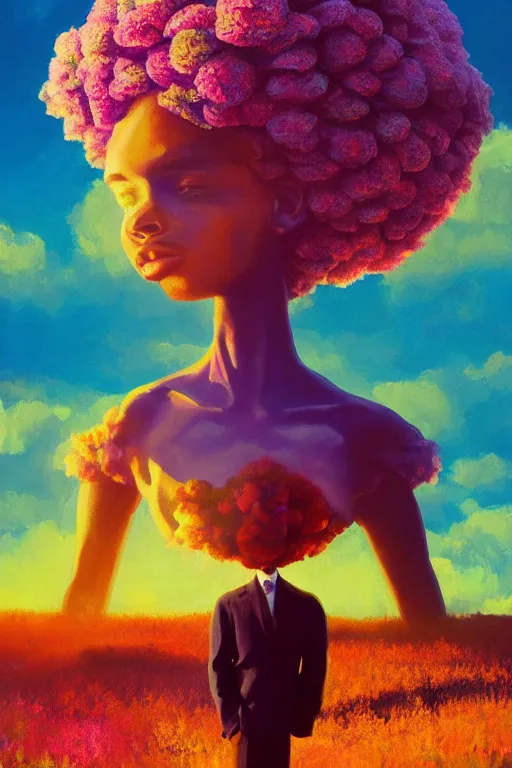 Image similar to closeup, giant flower as head, black woman in suit, surreal photography, golden hour, colorful clouds, impressionist painting, digital painting, artstation, simon stalenhag