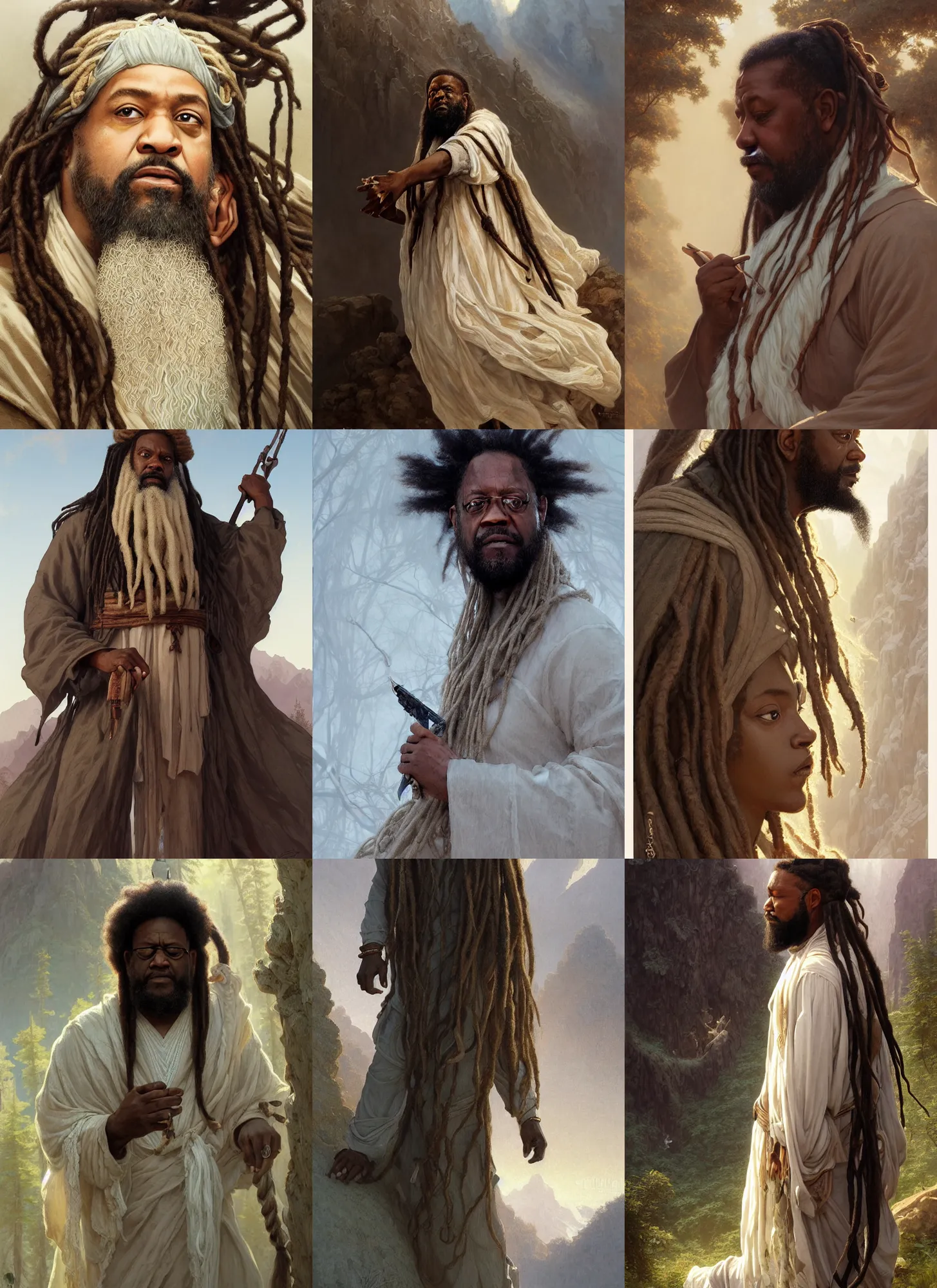 Prompt: forest whitaker, curled beard, long dreadlocks, white and glod cloth, trecking in mountain, intricate, elegant, highly detailed, artstation, sharp focus, illustration, orientalism, bouguereau, mandy jurgens, rutkowski, mucha