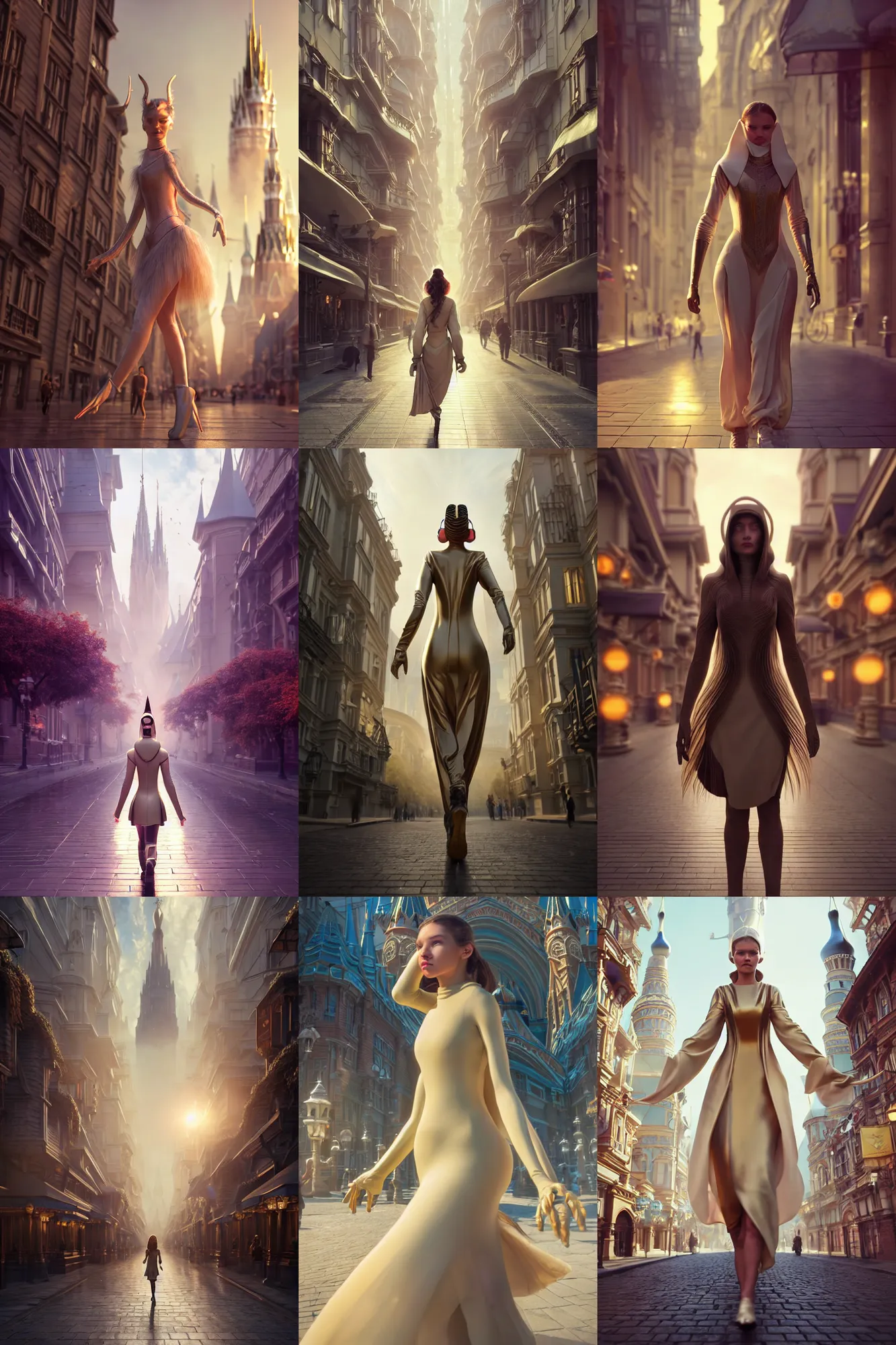 Prompt: weta disney movie still portrait photo of a russian edm college woman walking downtown | soft creamy polished decadent alluring futuristic metgala fashion photoreal grand | hi - fructose, sci fi, fantasy, divine proportion, film, 8 k, highly detailed, artstation, realism | beeple / artgerm / mucha / wlop / loish |