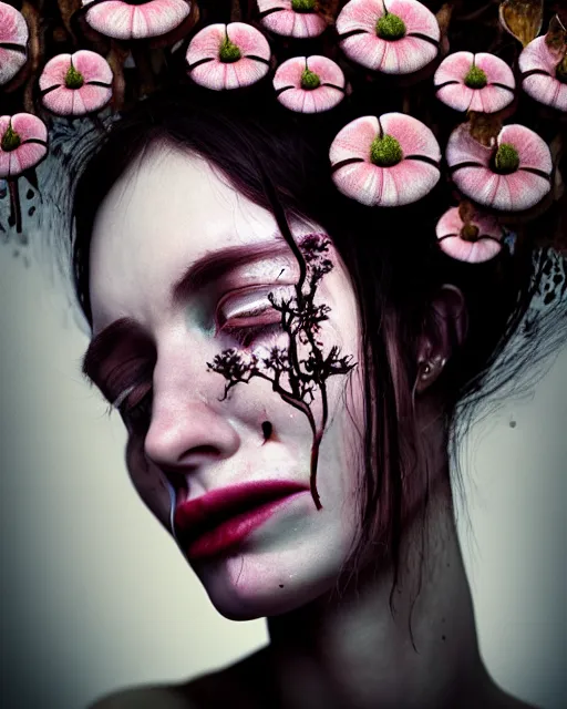 Image similar to a disturbing horror photograph of a beautiful crying woman with flowers and fungus growing out of her head m, intricate, hyperrealism, sharp focus, cinematography, highly detailed, octane render, digital horror artwork, matte, photography by professional photographer