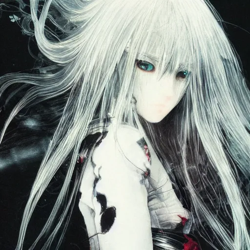 Image similar to Yoshitaka Amano blurred and dreamy illustration of an anime girl with black eyes, wavy white hair and cracks on her face wearing elden ring armour with the cape fluttering in the wind, abstract black and white patterns on the background, noisy film grain effect, highly detailed, Renaissance oil painting, weird portrait angle, three quarter view, head tilted to the side, 1990s jrpg cover