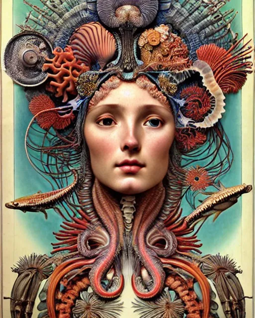 Prompt: hyperrealistic detailed face side portrait of the beautiful goddess of the fish skeletons with an intricate headgear of corals, sea kelp, sea plants, fish, starfish, jellyfish, art by ernst haeckel, john william godward, android jones, alphonso mucha, h. r. giger, gothic - cyberpunk, ornamental, beautiful deep colours,