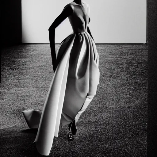 Image similar to a model dressed in an avant garde haute couture dress, angular minimalism, vogue editorial photo, sharp focus dynamic light