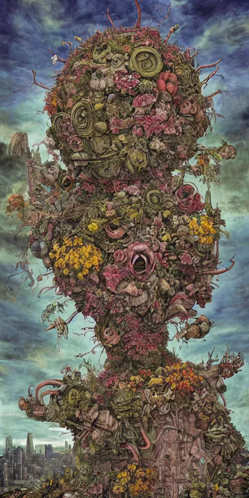 Prompt: giant grotesque flower in the middle of abandoned alien cityscape, ultradetailed by Giuseppe Arcimboldo and Passarotti color palette from Josan Gonzalez and James Gurney and Mœbius