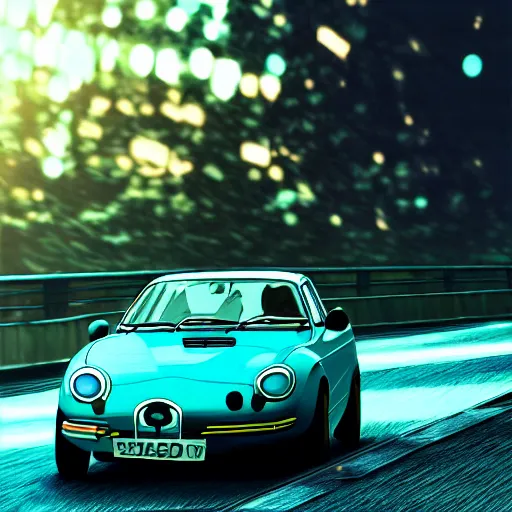 Prompt: 3 d photo of an anime girl with cat ears and long hair looking to her side, racing down a tokyo highway in the drivers seat of an alpine a 1 1 0, bokeh, shader, anime art style, highly detailed, cel - shaded, colorful, animated, trending