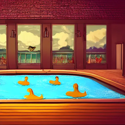 Prompt: a swimming pool full of custard with ducks swimming on top. highly detailed photo realism cinematic