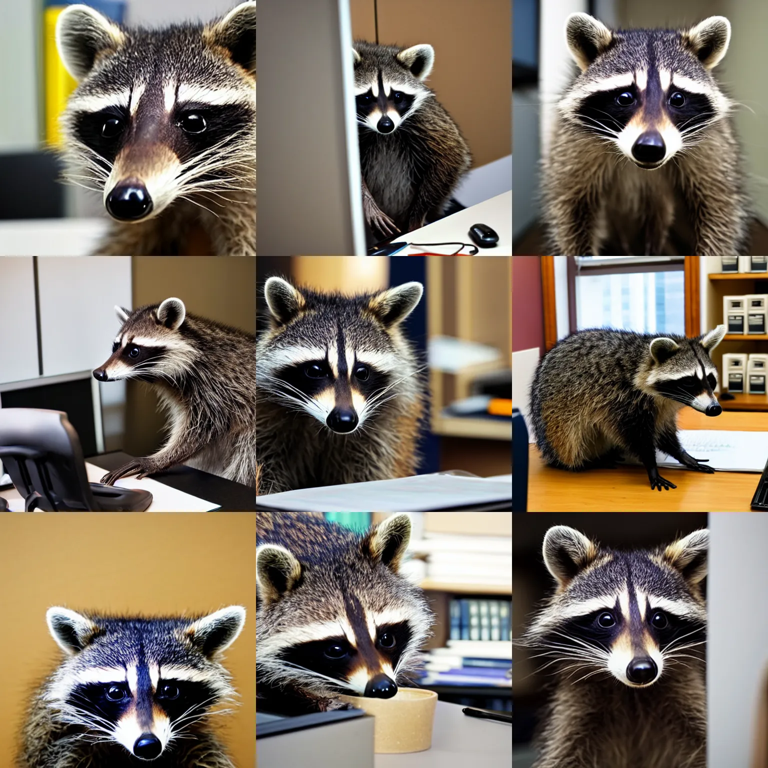 Prompt: photo of a raccoon working in the office