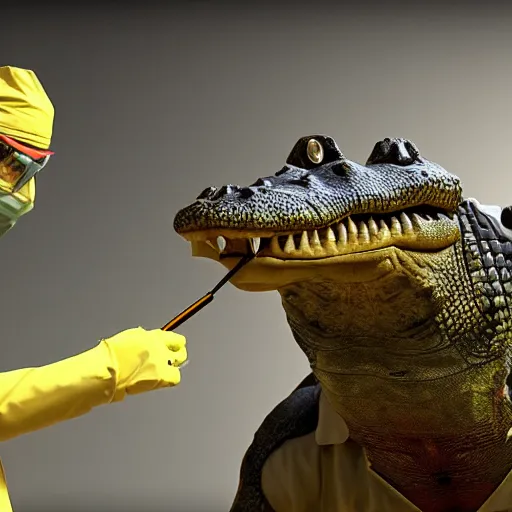 Image similar to crocodile crocodile dressed as a surgeon operating on a patient, fluorescent lightning, unreal engine 5