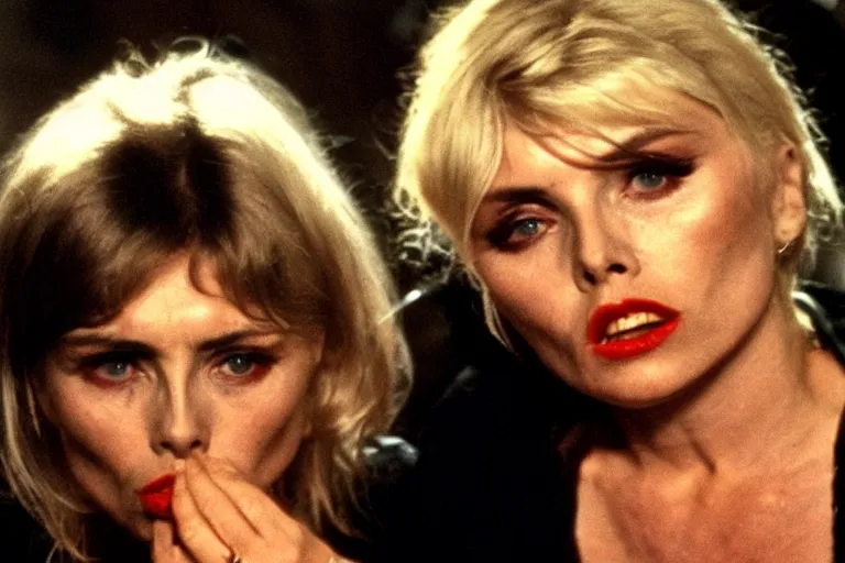 Prompt: a film portrait still of young debbie harry in scarface, gritty vice atmosphere. realism, cinematic lighting, 4 k. 8 mm. grainy. panavision.