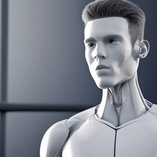 Image similar to a realistic detailed photo of a guy who is an attractive humanoid who is half robot and half humanoid, who is a male android, attractive and handsome soccer players, shiny skin, posing like a statue, blank stare, in a factory, on display, showing off his muscles, wearing soccer shorts, side view, looking at each other mindlessly