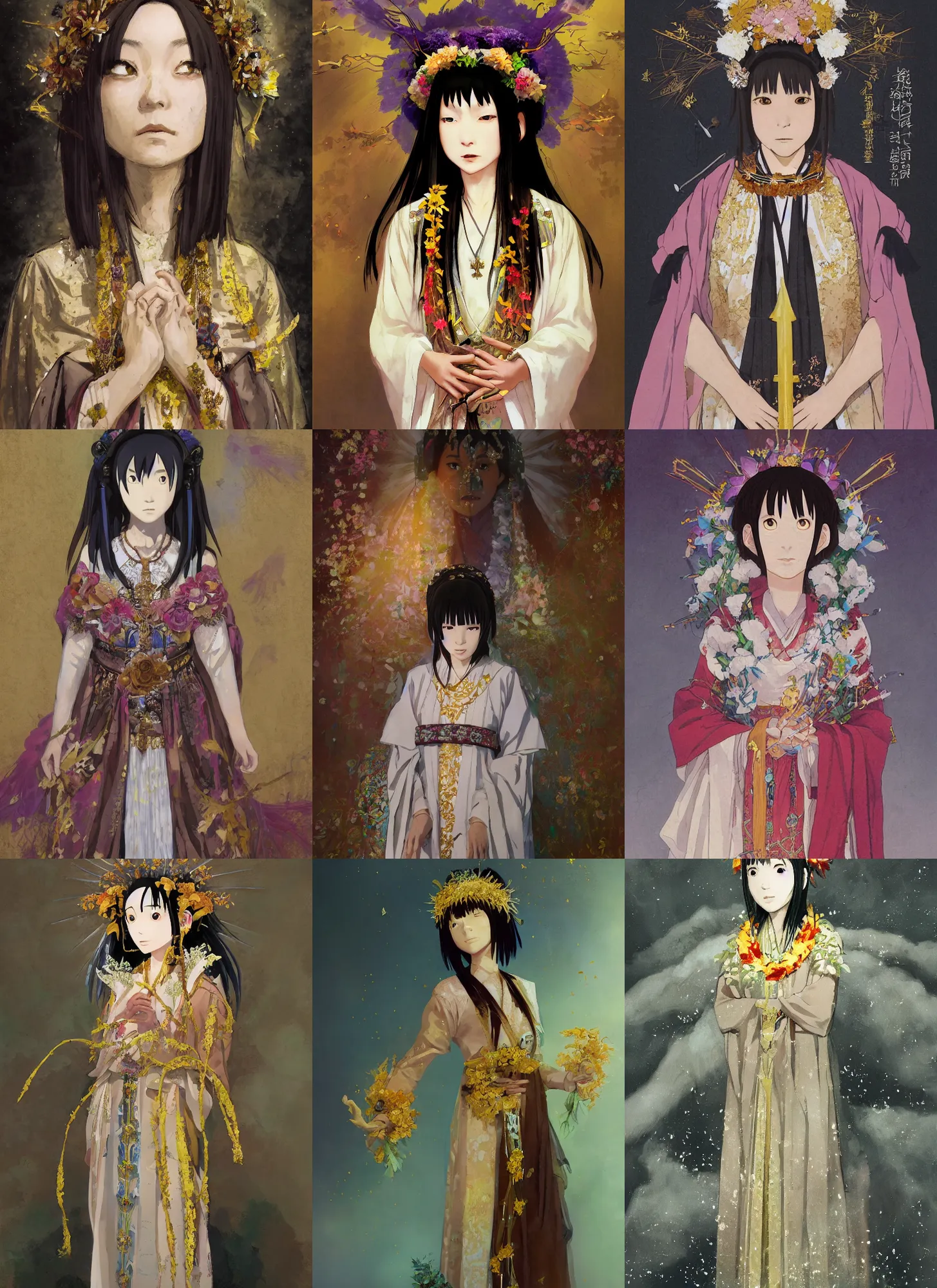 Prompt: studio photo portrait of blessed Lain Iwakura from Serial Experiments Lain wearing floral garlands over her traditional dress. full height portrait of Lain as a holy divine slavic pagan priestess wearing traditional pagan dress adorned with golden tiara, concept art by Greg Rutkowski, James Gurney, Ross Tran, Ruan Jia, by J. C. Leyendecker and Edmund Blair Leighton and Charlie Bowater, ultrarealistic octane render, 8k, rtx on, trending on ArtStation