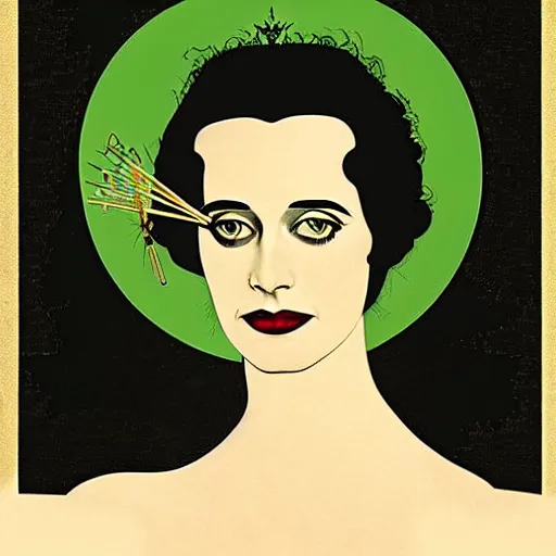 Image similar to Eva Green, Art by Coles Phillips, Gilded outfit, Jet black hair, Green eyes, Portrait of the actress, Elsa Lanchester as Morpheus, geometric art, poster, no text, Mucha, Kandinsky, carbon blac and antique gold