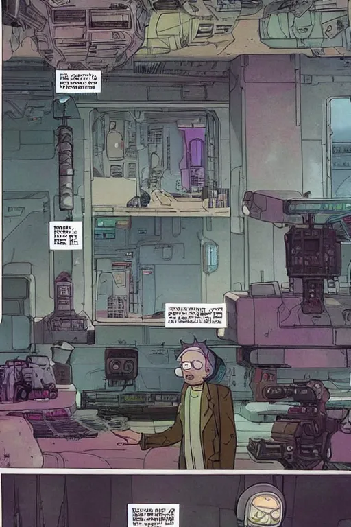 Image similar to Rick and morty. blackops mercenary in near future tactical gear, stealth suit, and cyberpunk headset. Blade Runner 2049. concept art by James Gurney and Mœbius.