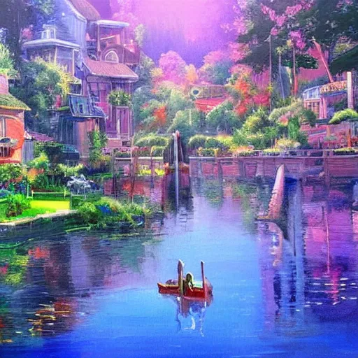 Image similar to Beautiful happy picturesque charming sci-fi town in harmony with nature. Beautiful light. Water and plants. Nice colour scheme, soft warm colour. Beautiful detailed artistic painting by Vincent. (2022)