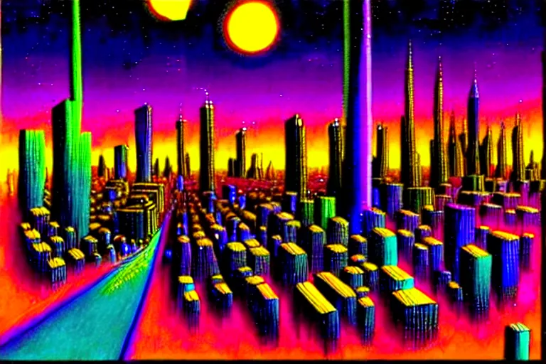 Image similar to surreal colorful nightmarish cityscape, artwork by ralph bakshi