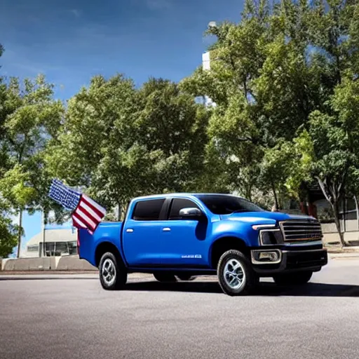 Image similar to photo of big blue biden pickup trucks with american flags on them. guns can be seen blaring out of the windows.