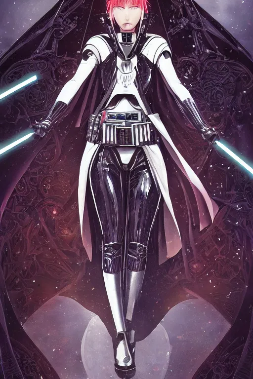 Image similar to anime key visual of a female darth vader goddess!!, intricate, stunning, highly detailed, digital painting, artstation, smooth, hard focus, starwars, sith, dark side, villain, the force, lucas films, illustration, art by artgerm and greg rutkowski and alphonse mucha