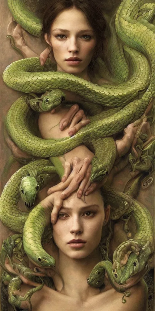 Image similar to epic masterpiece portrait of a snake tattooed gymnast, followed by heads with many souls, beautiful face and flawless skin, perfect hands, emeralds by Edgar Maxence and Ross Tran and Michael Whelan