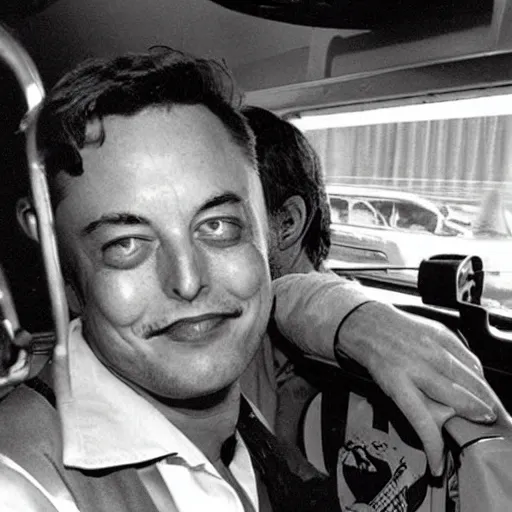 Image similar to gonzo reporter retro photo of drunked elon musk aka bus driver in bus, fear and loathing in las vegas style, by hunter thompson