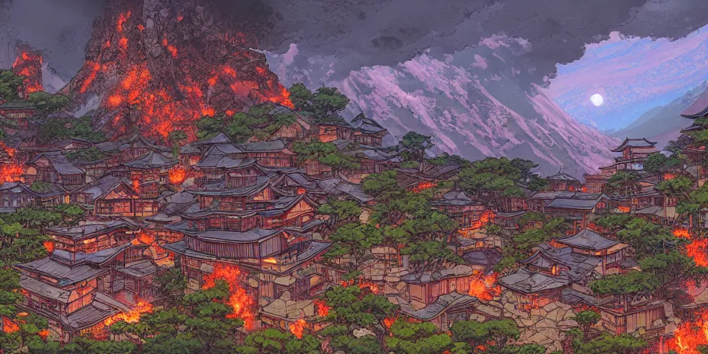Prompt: a powerful japanese village high in mountains, fanart artstation global illumination rtx hdr fanart arstation 3 d, volcano, mystical power steam, concept art by moebius and laurie greasley, fantastic landscape, 8 k, cinematic color grading