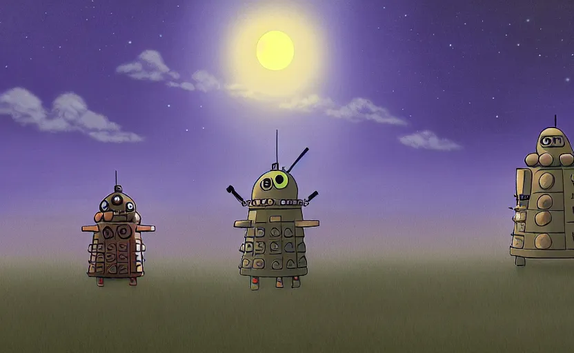 Prompt: a cell - shaded studio ghibli concept art study of a dalek on a misty starry night. very dull colors, hd, 4 k, hq