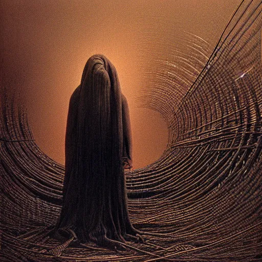 Image similar to photo of a woman wrapped around by tubes and cables by Zdzislaw Beksinski, black eyes