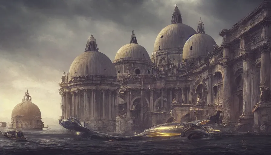 Prompt: an alien ufo high tech spaceship landing on ancient italy venice city landscape with beautiful temples by greg rutkowski, artgerm, ross tran, magali villeneuve, intricate, time travel theme, audince in awe, spectacle, audience sorrounding, award winning, octane render, masterpiece, 8 k