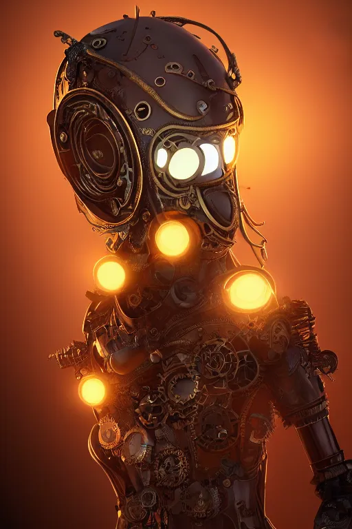 Image similar to steampunk mask minimalist fantasy art robot ninja helmet, global illumination ray tracing hdr fanart arstation by sung choi and eric pfeiffer and gabriel garza and casper konefal radiating a glowing aura