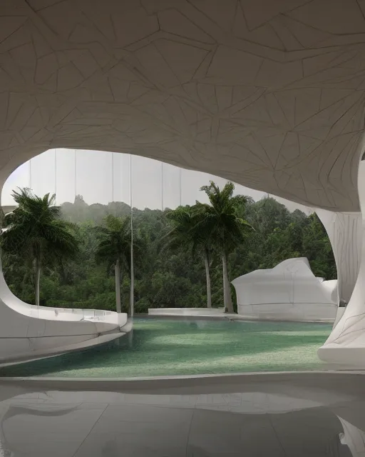 Prompt: Cinematic photo, highly detailed, Futuristic, 3D printed, clay, geometric, glossy white, architectural Villa, with artificial lighting, terra-cotta, prairie landscaping, illuminated swimming pool, daylight, exotic, foggy