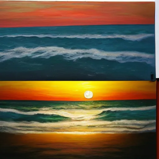 Prompt: sunset, sea, coast, oil painting