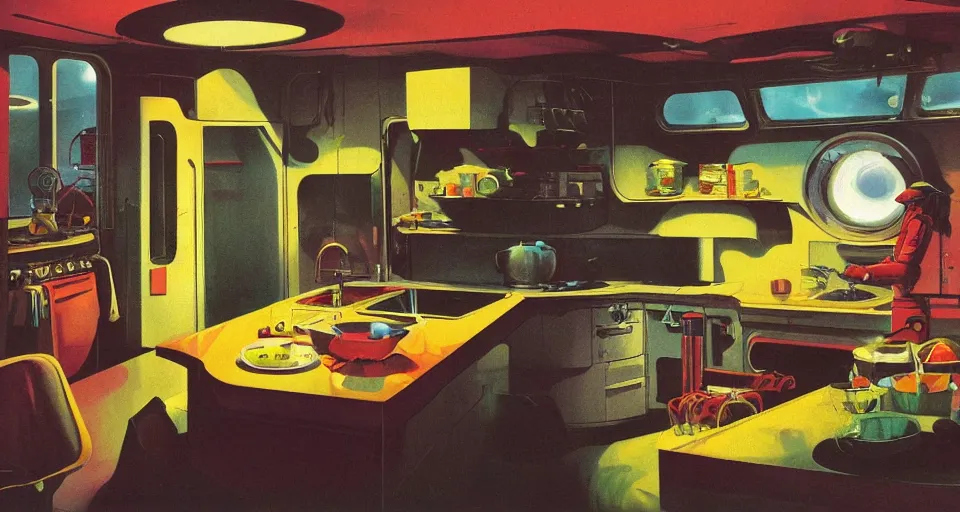 Image similar to IKEA catalogue photo of a kitchen on a spaceship, by Paul Lehr