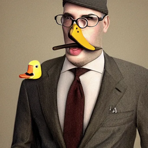 Image similar to a high detail photo of a man with a duck's head wearing a suit, photorealism