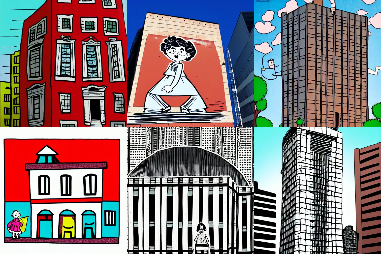 Prompt: Artwork of a building with a visible humanoid in the style of mafalda,