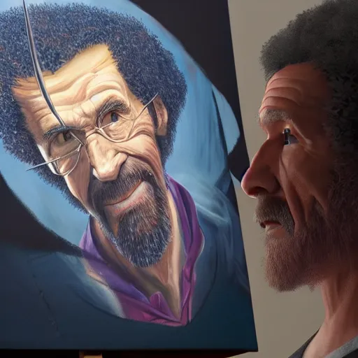 Prompt: a closeup photorealistic photograph of bob ross working on a canvas painting of dr. strange. film still. brightly lit scene. mountains and trees. this 4 k hd image is trending on artstation, featured on behance, well - rendered, extra crisp, features intricate detail, epic composition and the style of unreal engine.