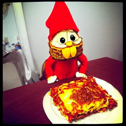 Image similar to “ garfield the cat dressed as a gnome eating lasagna ”