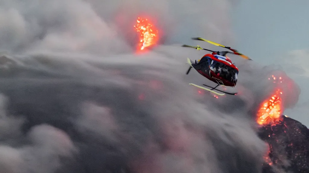 Image similar to person wearing a sponsored team jersey with logos jumping out of a helicopter with a surfboard into a volcano, action shot, dystopian, thick black smoke and fire, sharp focus