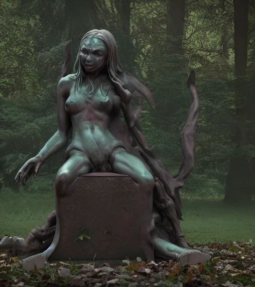 Image similar to weeping demon statue in graveyard surrounded by beautiful forest, vintage film photo, cgsociety, octane render, trending on artstation, artstationHD, artstationHQ, unreal engin