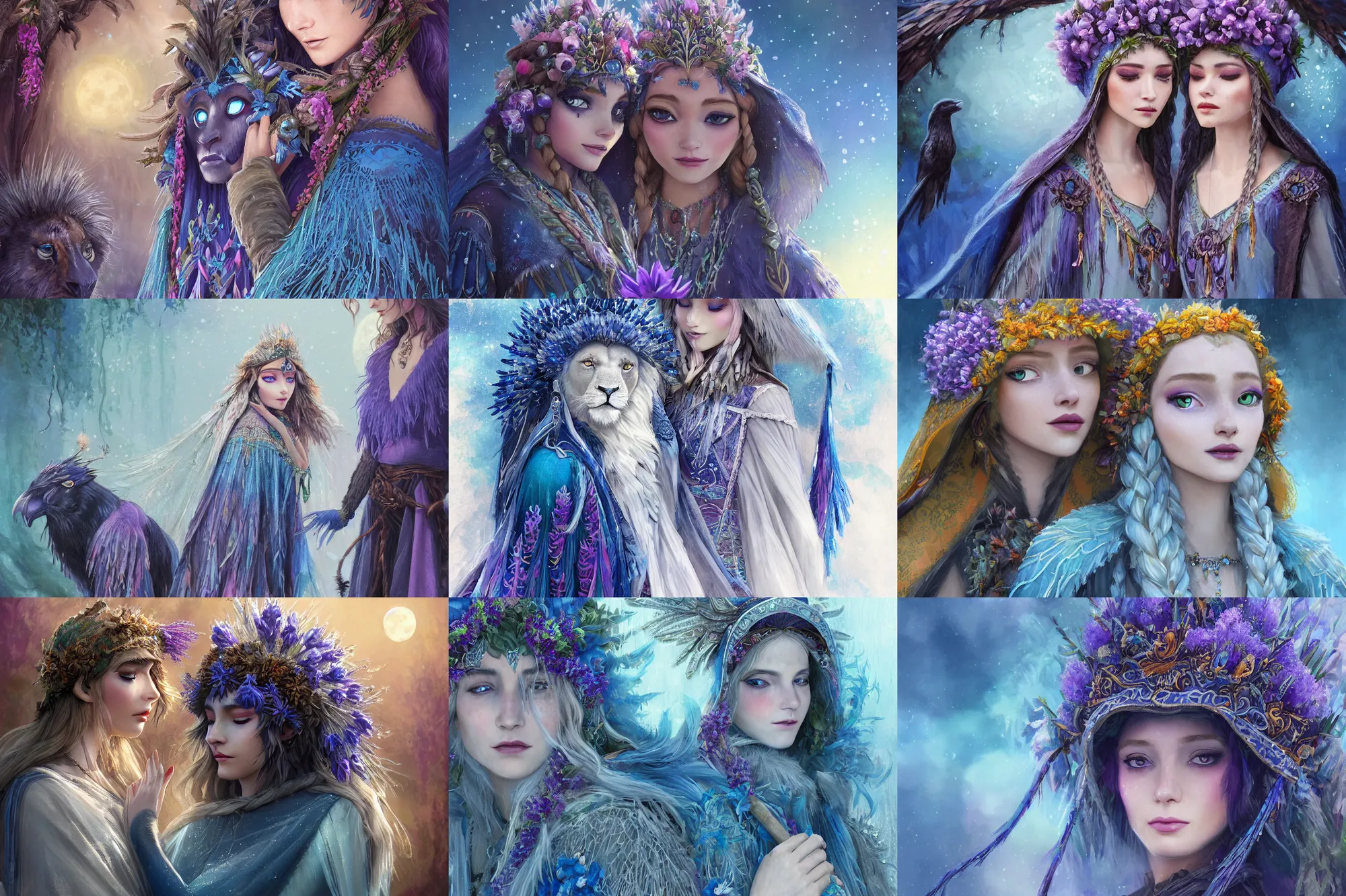 Prompt: a cinematic beautiful closeup moment of raven and lion lovers saying goodbye wearing boho poncho and sunhat with hyacinths lightening spells, Frozen II Klaus film, blue flame, moon goddess, fantasy, intricate, elegant, highly detailed, digital painting, artstation, concept art, smooth, sharp focus, illustration, art masterpiece by art by Krenz Cushart and Artem Demura and alphonse mucha, ArtGerm, Jon Lothian, Danilo Torres, Adi Meyers, Thomas Reimann, Gaston Bussiere