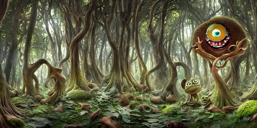 Image similar to of an intricate forest with strange cute friendly happy creatures with huge eyes, mouth, long tongue, round teeth and goofy face, appearing from the background, in the style of gehry and gaudi, macro lens, shallow depth of field, ultra detailed, digital painting, trending artstation, concept art, illustration, cinematic lighting, photorealism, epic, octane render