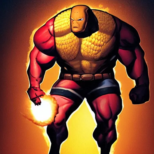 Image similar to marvel's juggernaut but his head is a corn cob