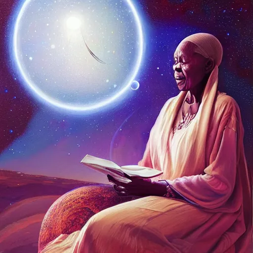 Image similar to an elder african psychic woman reading her crystal ball under a meteor shower, greg rutkowski and android jones and amanda sage, oil on canvas, 8k