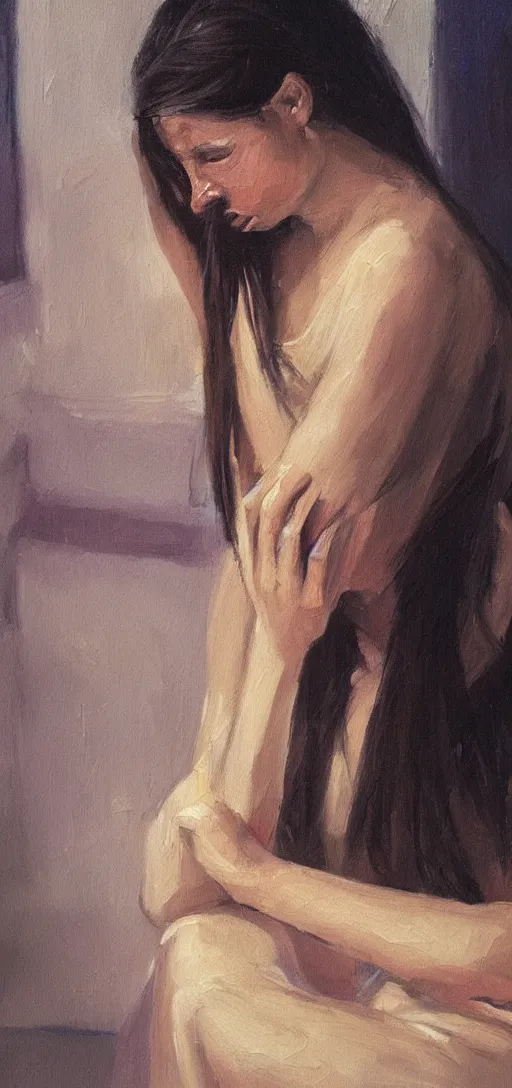 Prompt: a beautiful painting of a sad woman crying in the night, room, weird, blurry, water