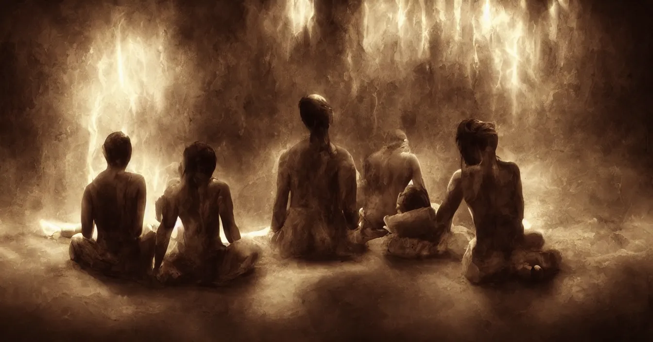 Prompt: rear view of the seated souls in the cinema watching volumetric light of consciousness projecting illusions of their lives on the big screen, trapped egos in physical reality, deep sense of spirituality, visual plasticity, shading in vray, style of bastien lecouffe deharme